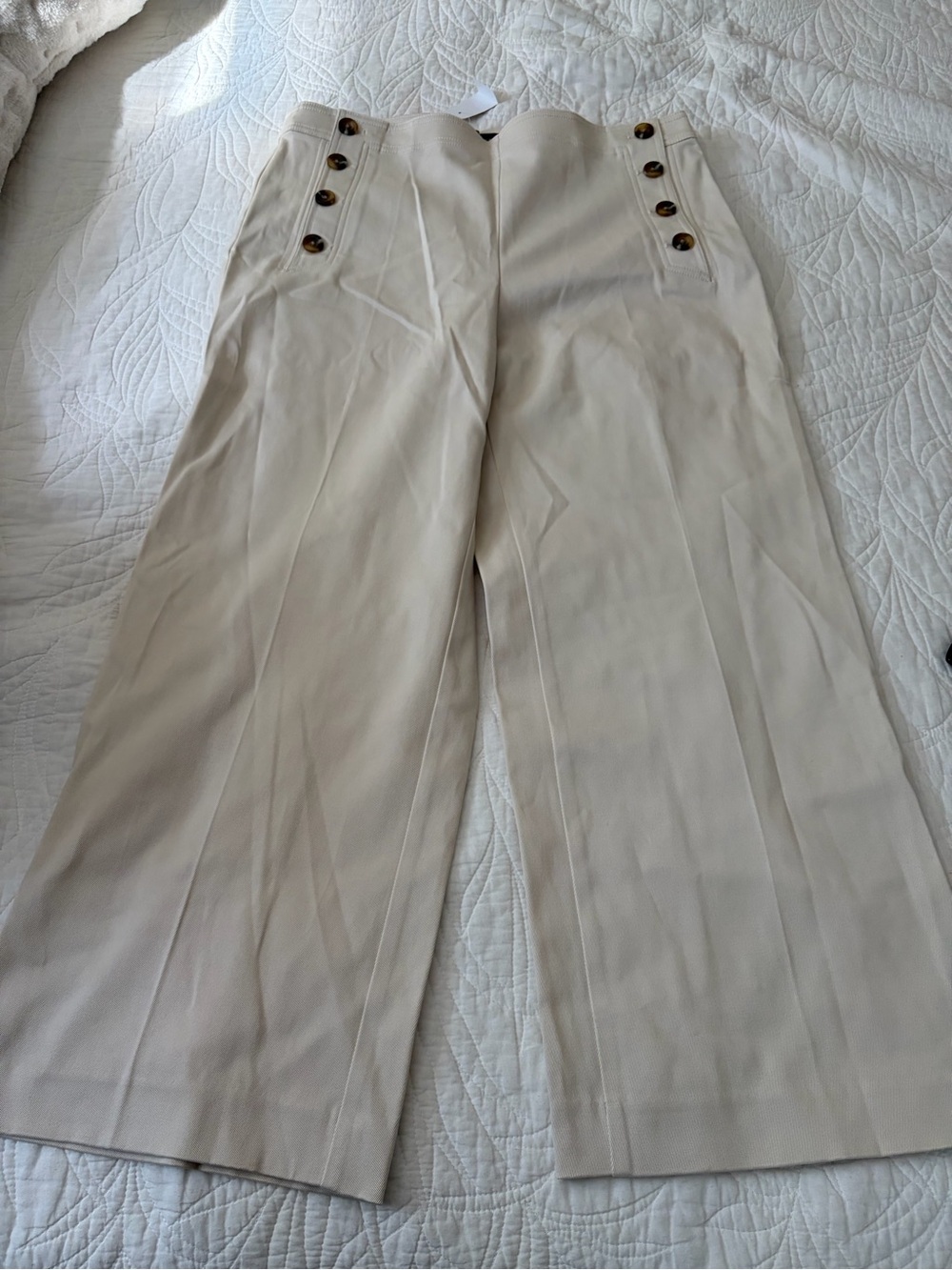 Ann Taylor Cream Wide-Leg High-Rise Pants with Side Button Detail